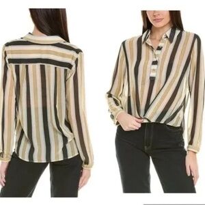 CABI CALIBER Ivory Gold +Charcoal Stripe ChiffonTwisted front sheer Top #4339